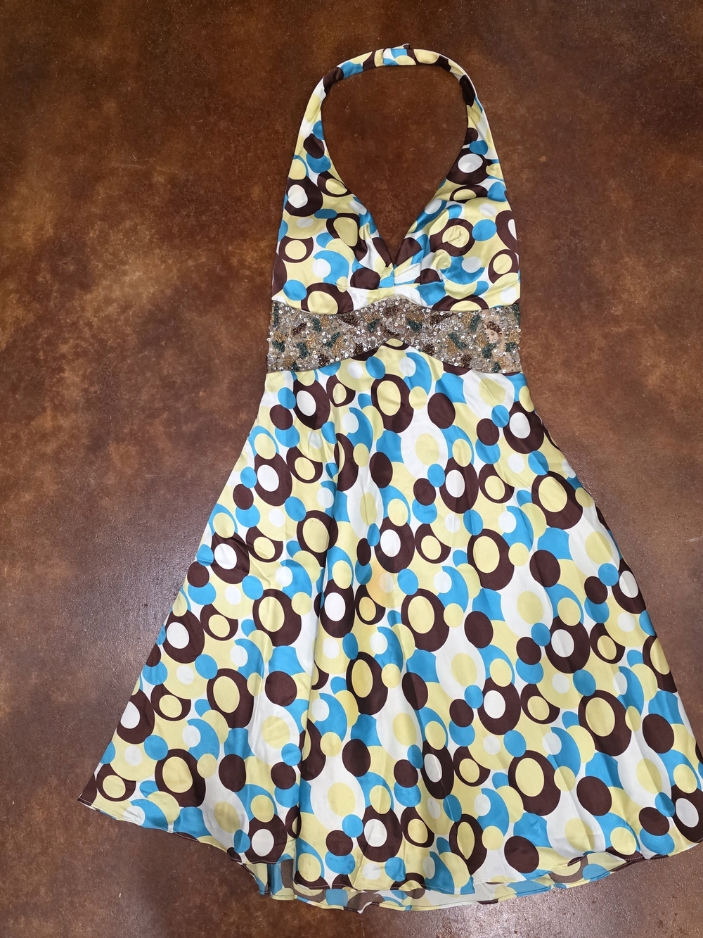 Vintage Y2K Satin by Riva Designs Beaded Halter Dress Size 6